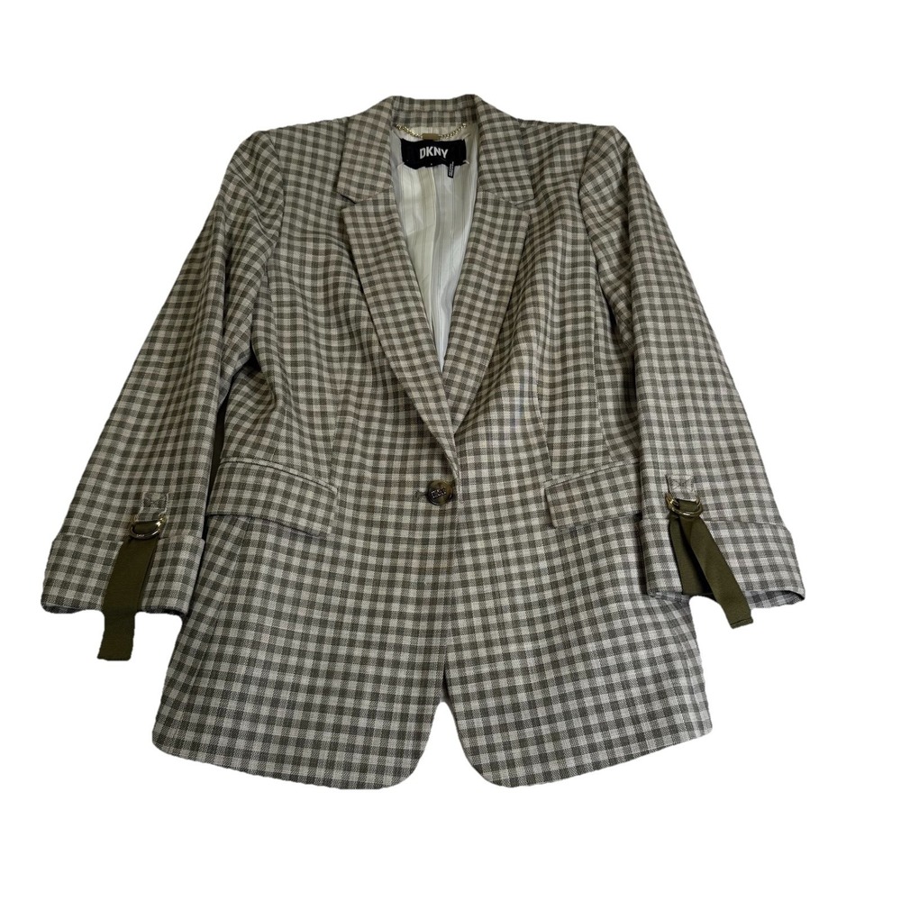 DKNY Gingham Blazer Women 6 Grey Check Excellent Utility Strap D-Ring Jacket